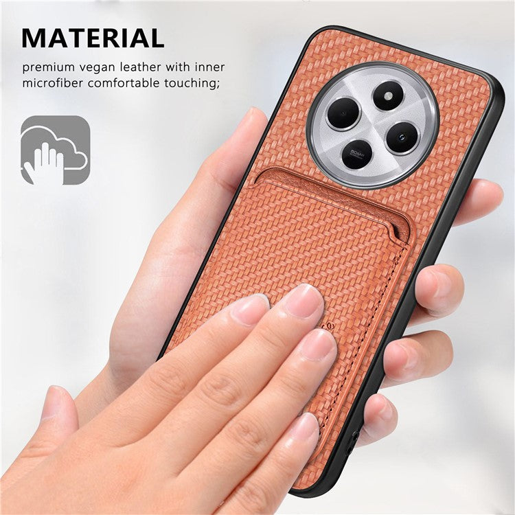 Phone Case For Xiaomi Redmi 14C 4G / 14R 5G / Poco C75 4G Carbon Fiber Leather Back Cover with Detachable Card Bag - Brown