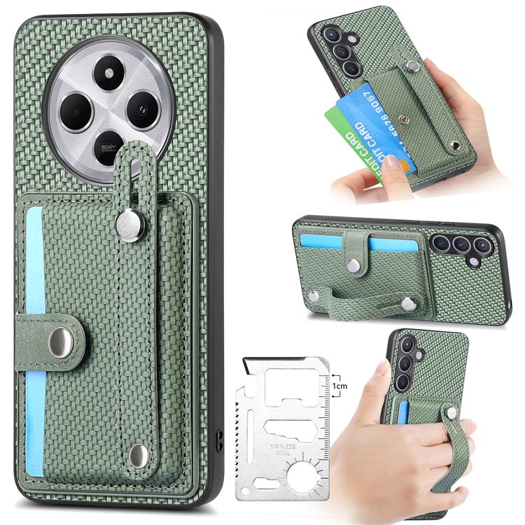 Phone Case For Xiaomi Redmi 14C 4G / 14R 5G / Poco C75 4G Wristband Anti-Drop Leather Back Cover Card Holder - Green