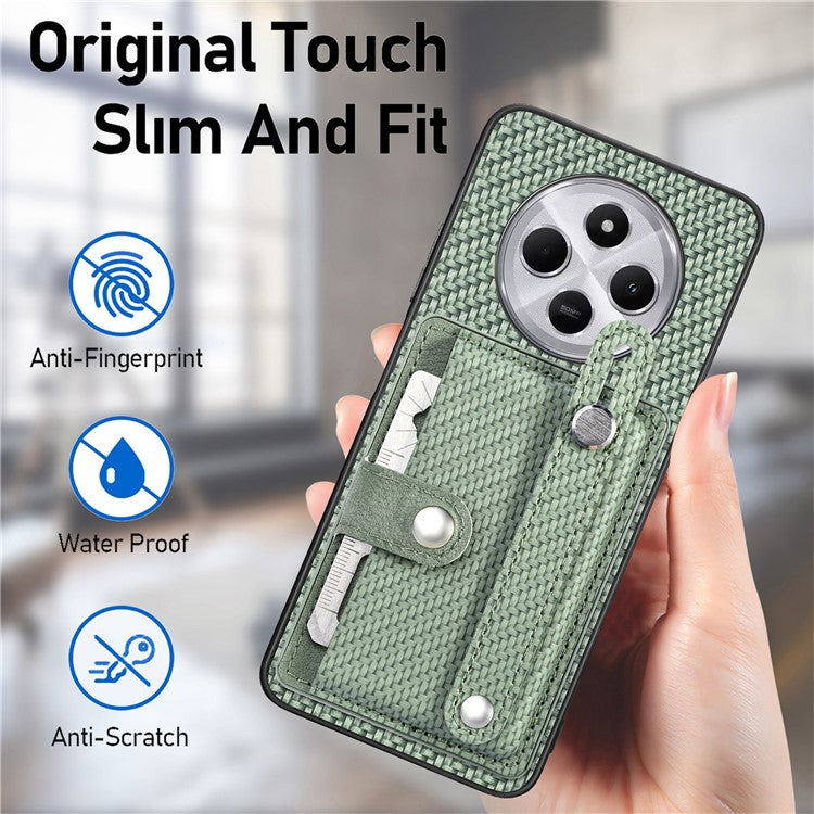 Phone Case For Xiaomi Redmi 14C 4G / 14R 5G / Poco C75 4G Wristband Anti-Drop Leather Back Cover Card Holder - Green