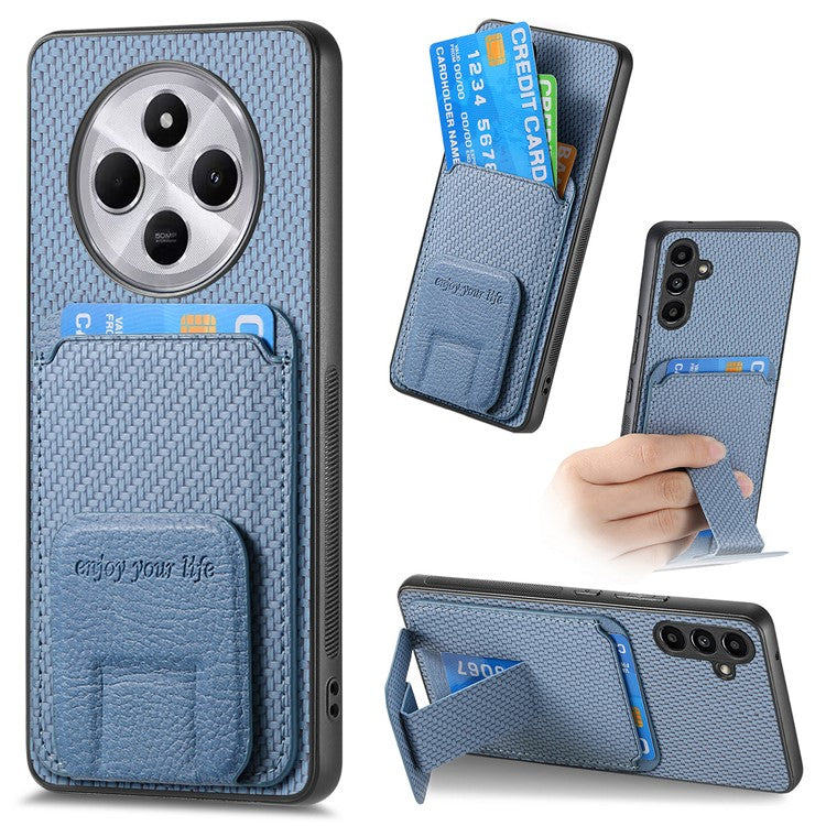 Phone Case For Xiaomi Redmi 14C 4G / 14R 5G / Poco C75 4G Carbon Fiber Texture Leather Coated TPU Back Cover with Card Holder - Blue