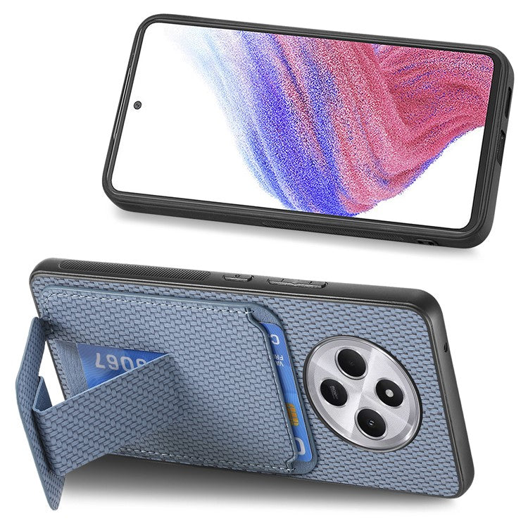 Phone Case For Xiaomi Redmi 14C 4G / 14R 5G / Poco C75 4G Carbon Fiber Texture Leather Coated TPU Back Cover with Card Holder - Blue