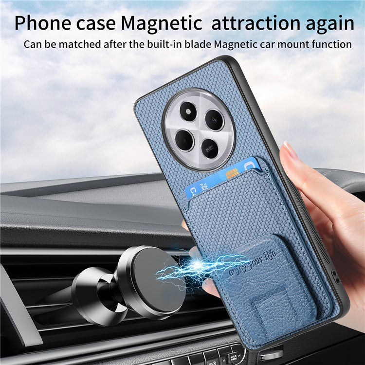 Phone Case For Xiaomi Redmi 14C 4G / 14R 5G / Poco C75 4G Carbon Fiber Texture Leather Coated TPU Back Cover with Card Holder - Blue