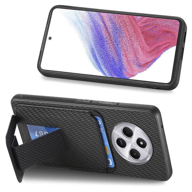 Phone Case For Xiaomi Redmi 14C 4G / 14R 5G / Poco C75 4G Carbon Fiber Texture Leather Coated TPU Back Cover with Card Holder - Black