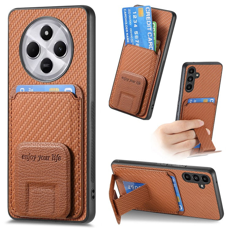 Phone Case For Xiaomi Redmi 14C 4G / 14R 5G / Poco C75 4G Carbon Fiber Texture Leather Coated TPU Back Cover with Card Holder - Brown