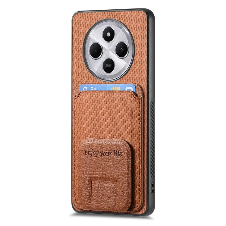 Phone Case For Xiaomi Redmi 14C 4G / 14R 5G / Poco C75 4G Carbon Fiber Texture Leather Coated TPU Back Cover with Card Holder - Brown