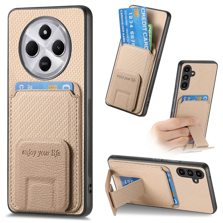 Phone Case For Xiaomi Redmi 14C 4G / 14R 5G / Poco C75 4G Carbon Fiber Texture Leather Coated TPU Back Cover with Card Holder - Beige