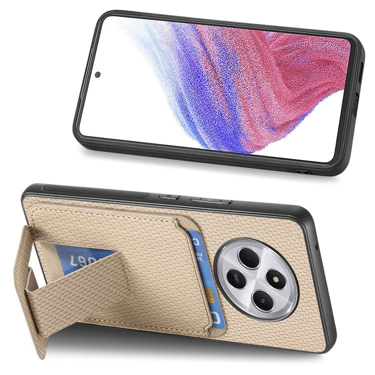 Phone Case For Xiaomi Redmi 14C 4G / 14R 5G / Poco C75 4G Carbon Fiber Texture Leather Coated TPU Back Cover with Card Holder - Beige