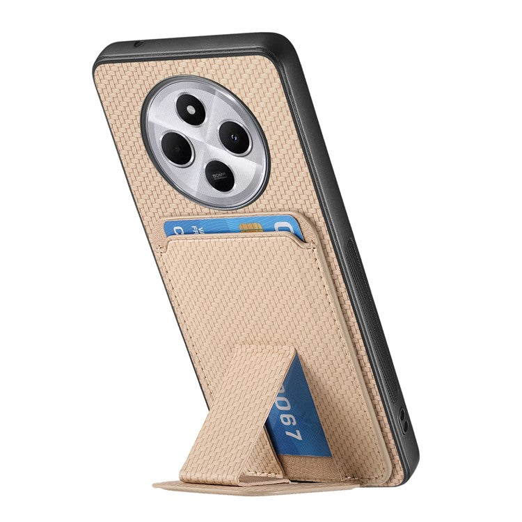 Phone Case For Xiaomi Redmi 14C 4G / 14R 5G / Poco C75 4G Carbon Fiber Texture Leather Coated TPU Back Cover with Card Holder - Beige