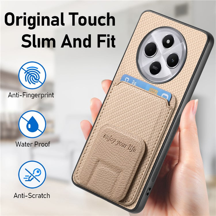 Phone Case For Xiaomi Redmi 14C 4G / 14R 5G / Poco C75 4G Carbon Fiber Texture Leather Coated TPU Back Cover with Card Holder - Beige