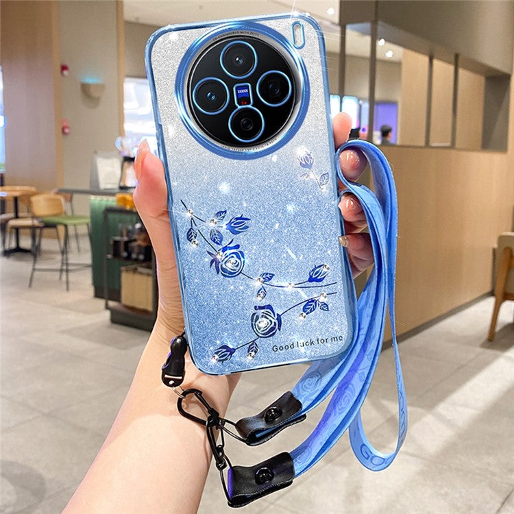 KADEM For vivo X200 5G Case Flower Pattern TPU Gradient Phone Cover with Lanyards - Blue