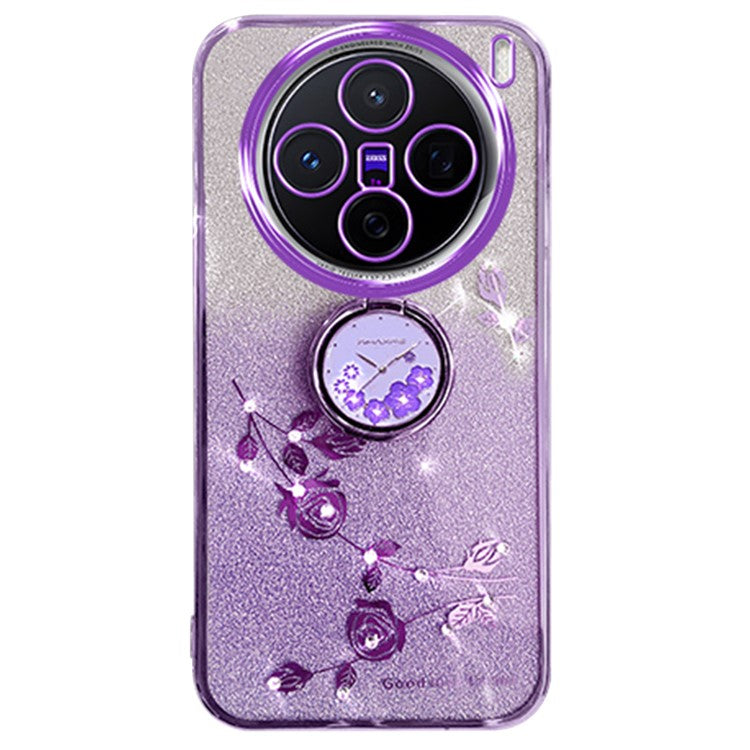 KADEM For vivo X200 5G Case Ring Kickstand TPU Flowers Phone Cover Gradient Glitter - Purple