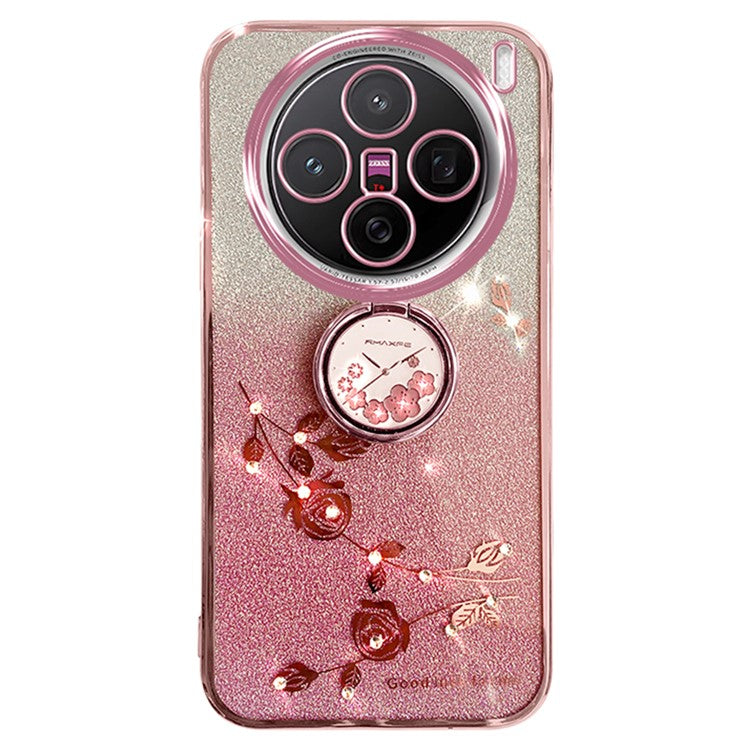 KADEM For vivo X200 5G Case Ring Kickstand TPU Flowers Phone Cover Gradient Glitter - Rose Gold