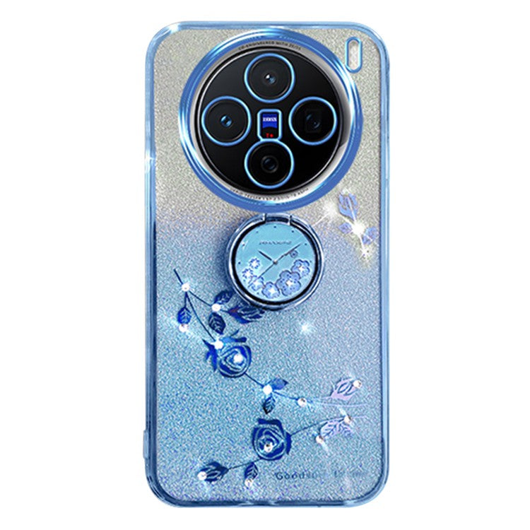 KADEM For vivo X200 Pro 5G Case Ring Kickstand TPU Flowers Phone Cover Gradient Glitter - Blue