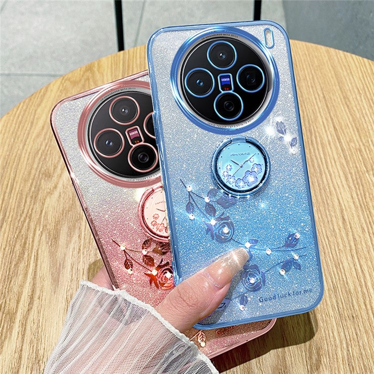 KADEM For vivo X200 Pro 5G Case Ring Kickstand TPU Flowers Phone Cover Gradient Glitter - Blue