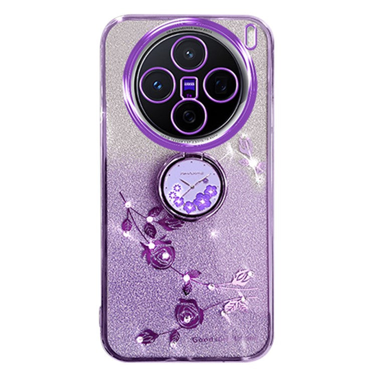 KADEM For vivo X200 Pro 5G Case Ring Kickstand TPU Flowers Phone Cover Gradient Glitter - Purple