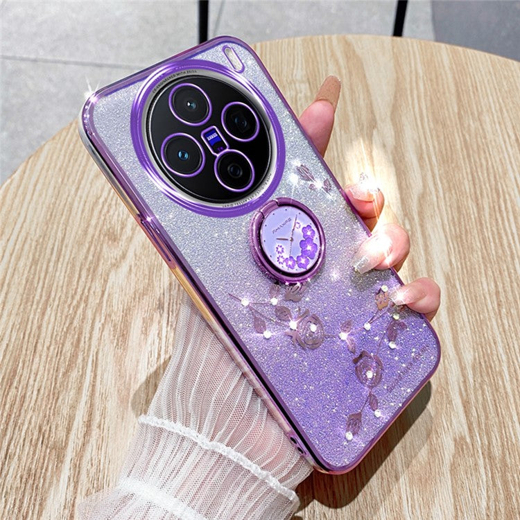 KADEM For vivo X200 Pro 5G Case Ring Kickstand TPU Flowers Phone Cover Gradient Glitter - Purple