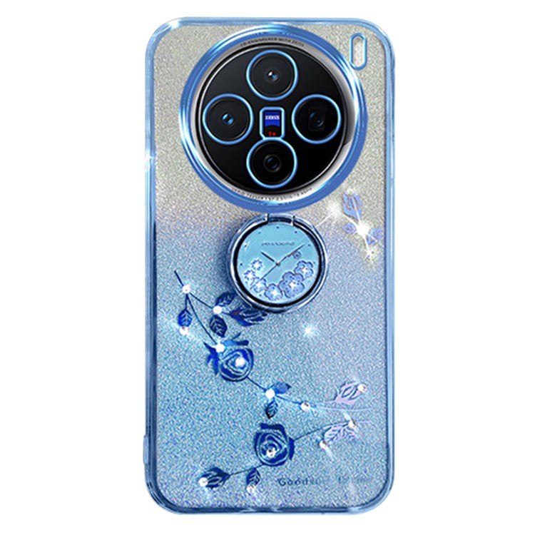 KADEM For vivo X200 Pro mini 5G Case Ring Kickstand TPU Flowers Phone Cover Gradient Glitter - Blue