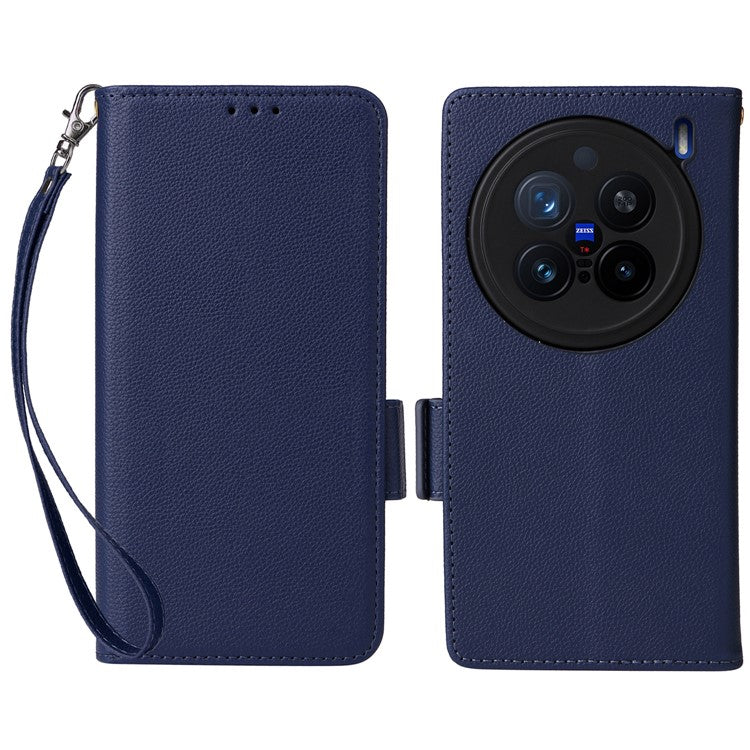 For vivo X200 Pro 5G Case Litchi Texture PU Leather Wallet Flip Phone Cover - Dark Blue