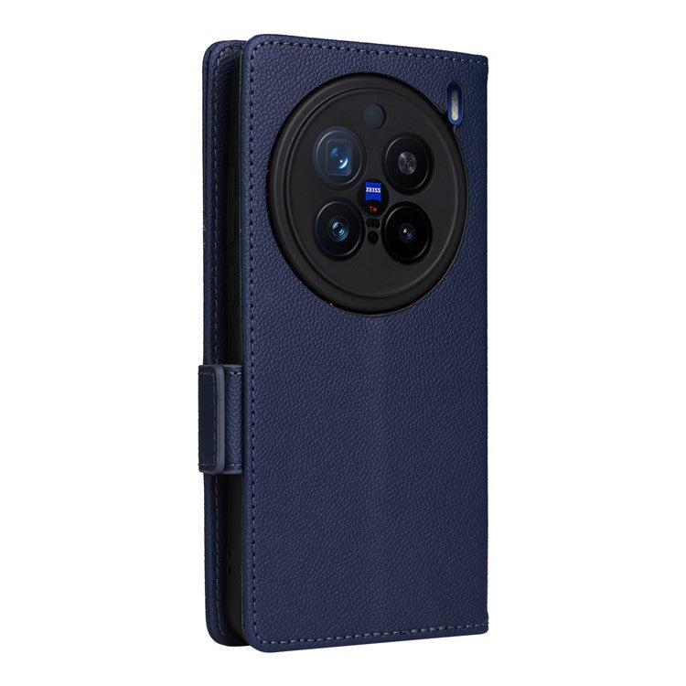 For vivo X200 Pro 5G Case Litchi Texture PU Leather Wallet Flip Phone Cover - Dark Blue