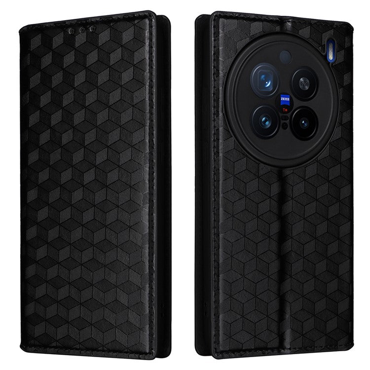 For vivo X200 Pro 5G Wallet Case Rhombus Imprinted Leather Phone Cover - Black