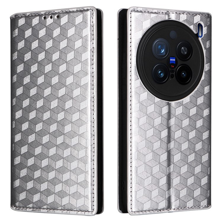 For vivo X200 Pro 5G Wallet Case Rhombus Imprinted Leather Phone Cover - Silver