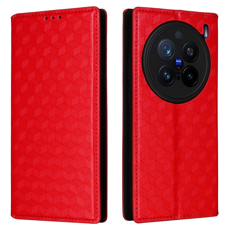 For vivo X200 Pro 5G Wallet Case Rhombus Imprinted Leather Phone Cover - Red