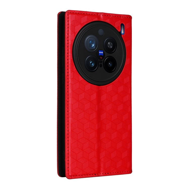 For vivo X200 Pro 5G Wallet Case Rhombus Imprinted Leather Phone Cover - Red