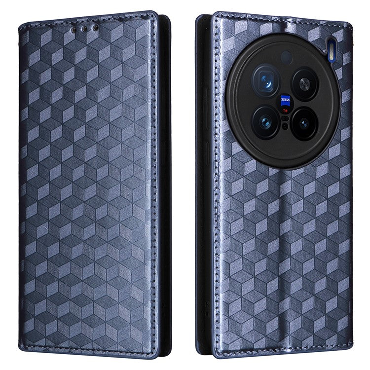 For vivo X200 Pro 5G Wallet Case Rhombus Imprinted Leather Phone Cover - Blue