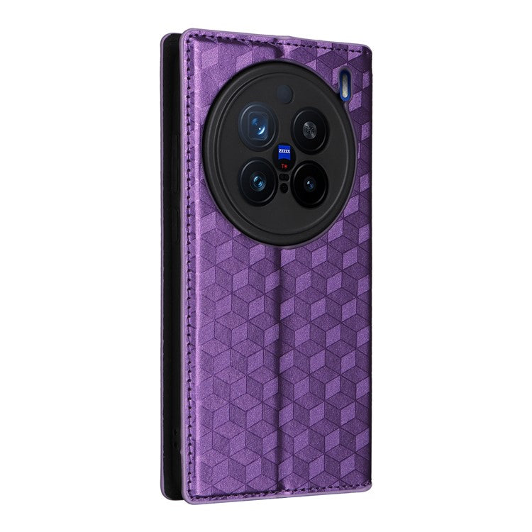 For vivo X200 Pro 5G Wallet Case Rhombus Imprinted Leather Phone Cover - Purple