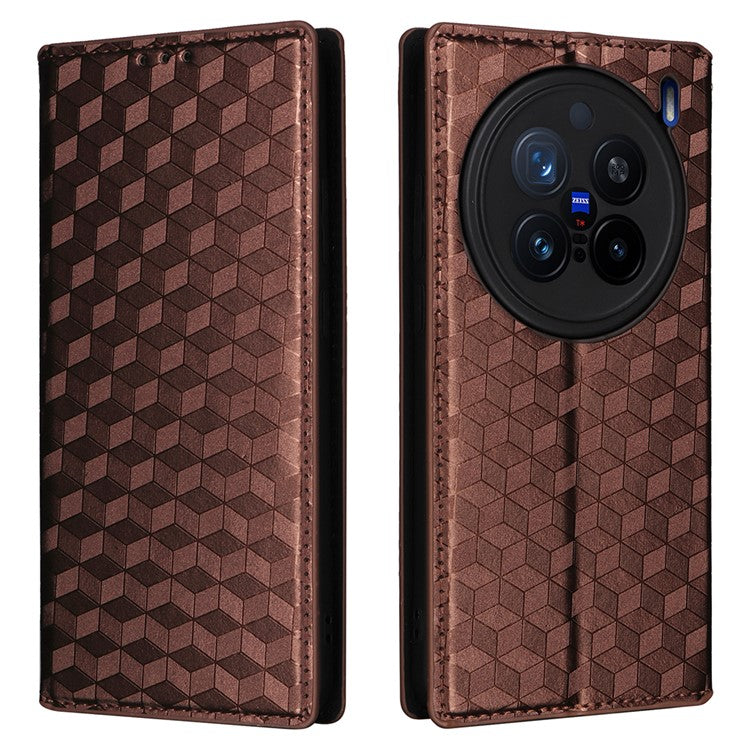 For vivo X200 Pro 5G Wallet Case Rhombus Imprinted Leather Phone Cover - Brown