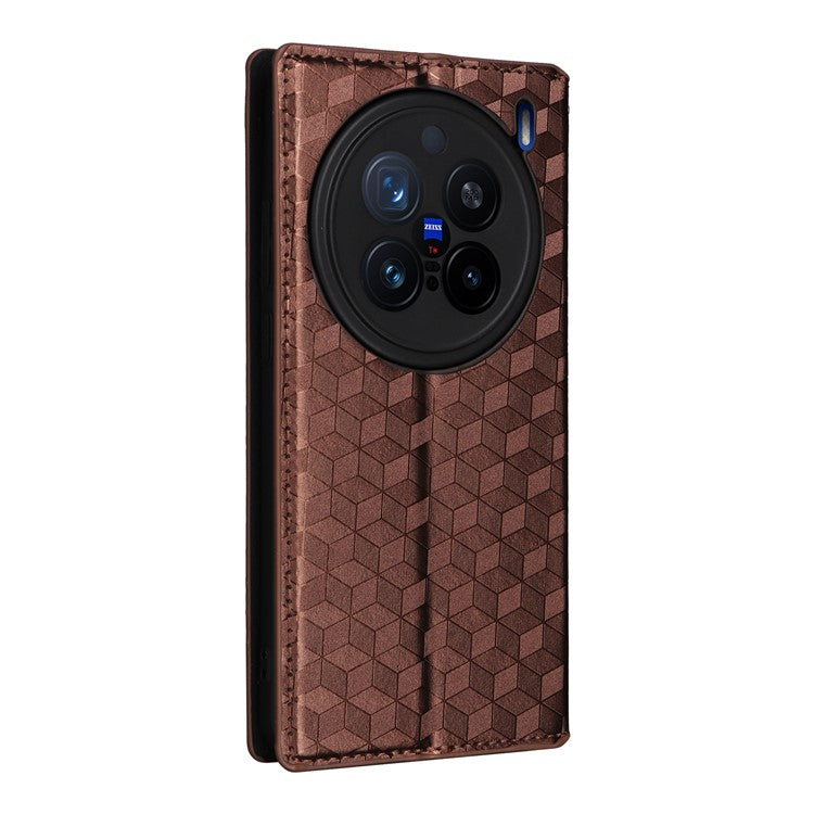 For vivo X200 Pro 5G Wallet Case Rhombus Imprinted Leather Phone Cover - Brown