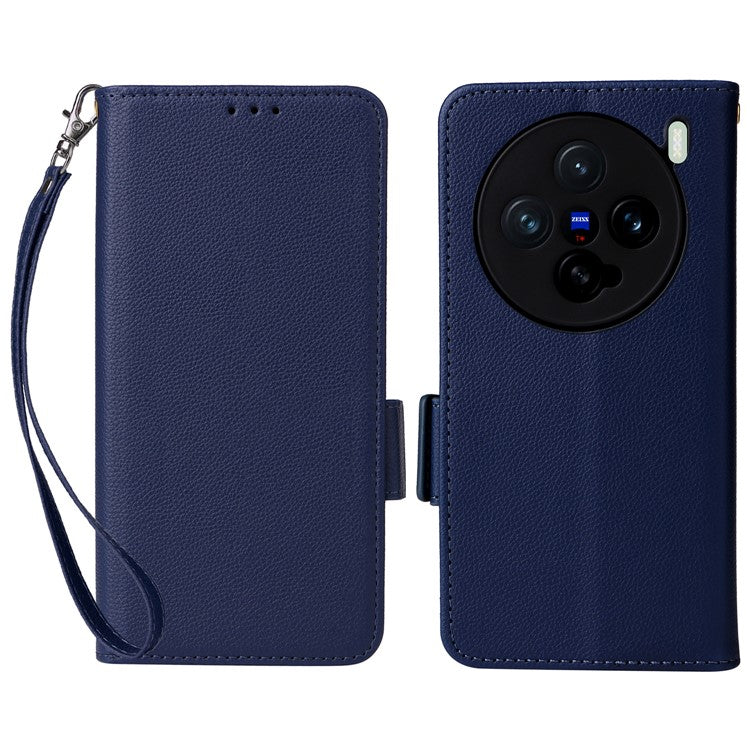 For vivo X200 Pro mini 5G Case Litchi Texture PU Leather Wallet Flip Phone Cover - Dark Blue