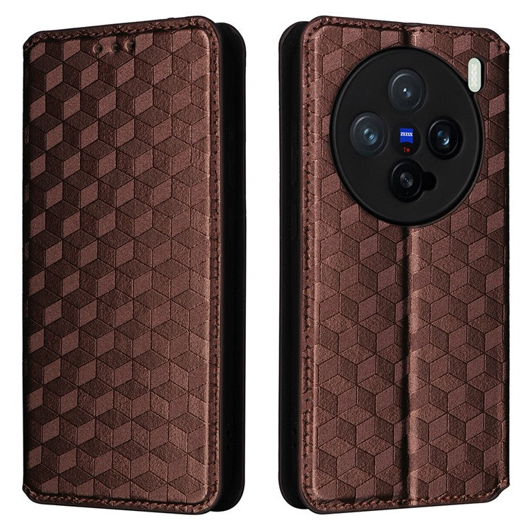 For vivo X200 Pro mini 5G Wallet Case Rhombus Imprinted Leather Phone Cover - Brown