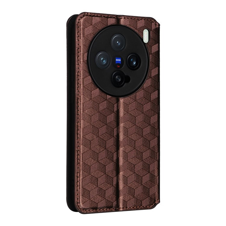 For vivo X200 Pro mini 5G Wallet Case Rhombus Imprinted Leather Phone Cover - Brown