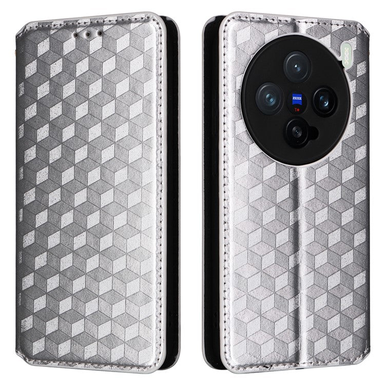 For vivo X200 Pro mini 5G Wallet Case Rhombus Imprinted Leather Phone Cover - Silver