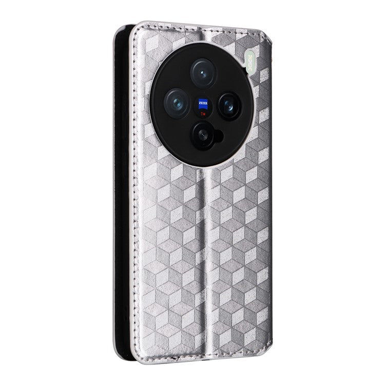 For vivo X200 Pro mini 5G Wallet Case Rhombus Imprinted Leather Phone Cover - Silver