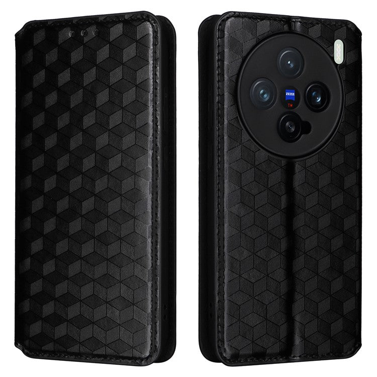 For vivo X200 Pro mini 5G Wallet Case Rhombus Imprinted Leather Phone Cover - Black