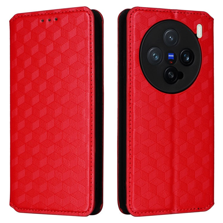 For vivo X200 Pro mini 5G Wallet Case Rhombus Imprinted Leather Phone Cover - Red