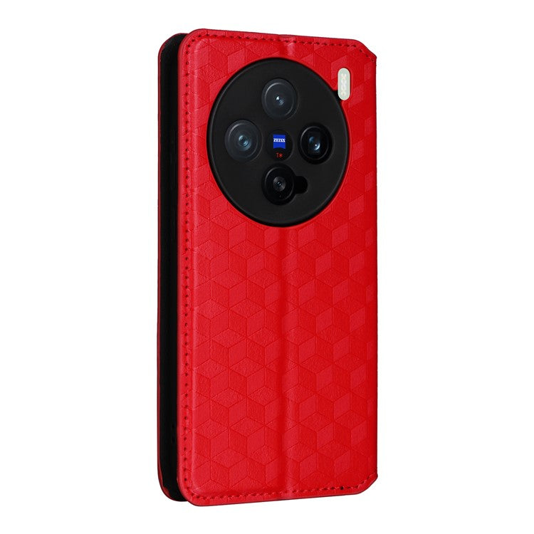 For vivo X200 Pro mini 5G Wallet Case Rhombus Imprinted Leather Phone Cover - Red