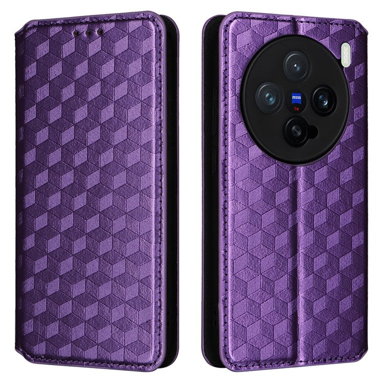 For vivo X200 Pro mini 5G Wallet Case Rhombus Imprinted Leather Phone Cover - Purple