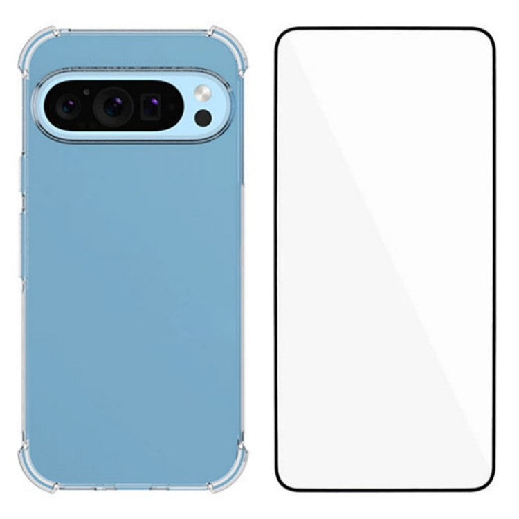 WANLONFENG WL Series for Google Pixel 9 Pro / Pixel 9 Case 2.0mm Clear TPU Cover with Tempered Glass Film (Big Lens Hole)