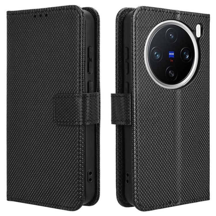 For vivo X200 5G Case PU Leather Diamond Texture Wallet Phone Cover - Black