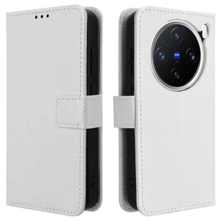 For vivo X200 5G Case PU Leather Diamond Texture Wallet Phone Cover - White