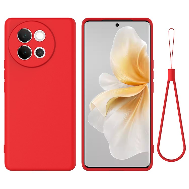 For vivo V40 Lite 5G Case Liquid Silicone Anti-Scratch Phone Cover with Hand Strap - Red