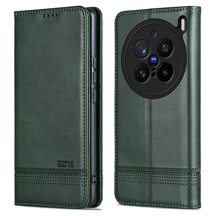 AZNS For vivo X200 Pro 5G Case Cowhide Texture PU Leather Wallet Phone Cover - Green