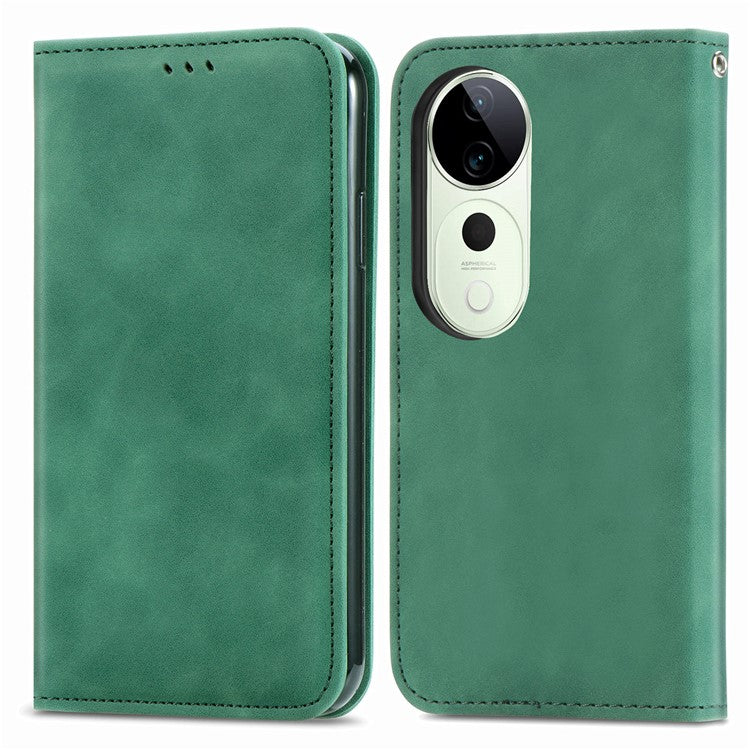 For vivo T3 Ultra 5G Case Skin Touch Feeling Leather Card Holder Phone Cover Magnetic Absorption - Green