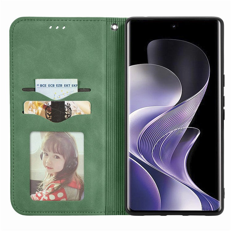 For vivo T3 Ultra 5G Case Skin Touch Feeling Leather Card Holder Phone Cover Magnetic Absorption - Green