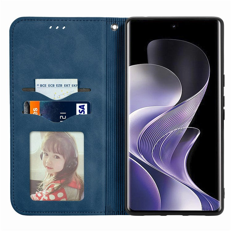 For vivo T3 Ultra 5G Case Skin Touch Feeling Leather Card Holder Phone Cover Magnetic Absorption - Dark Blue