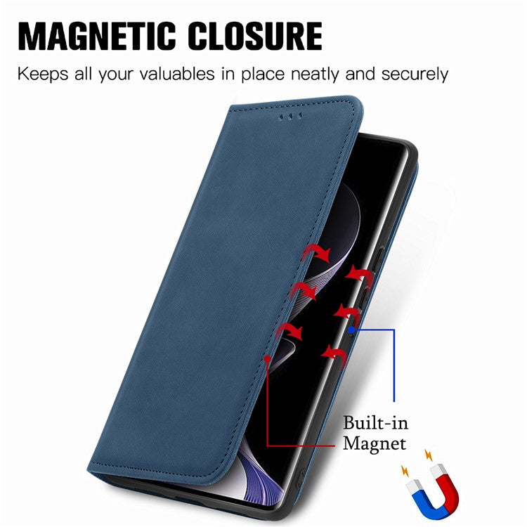 For vivo T3 Ultra 5G Case Skin Touch Feeling Leather Card Holder Phone Cover Magnetic Absorption - Dark Blue