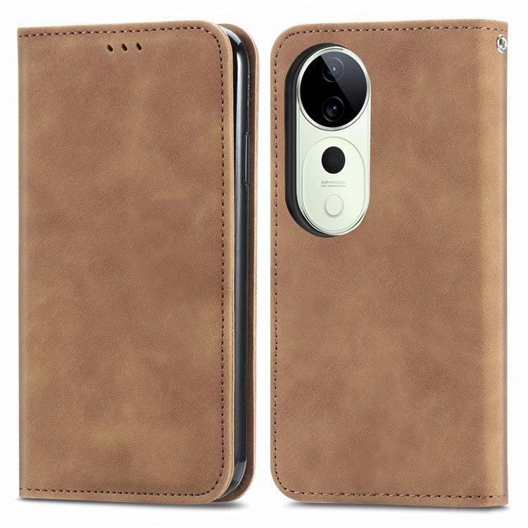 For vivo T3 Ultra 5G Case Skin Touch Feeling Leather Card Holder Phone Cover Magnetic Absorption - Brown